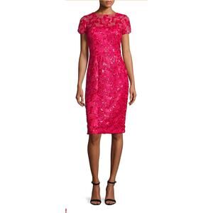 David Meister sz 12 Short bright pink Sleeve Lace Cocktail Dress mother of bride